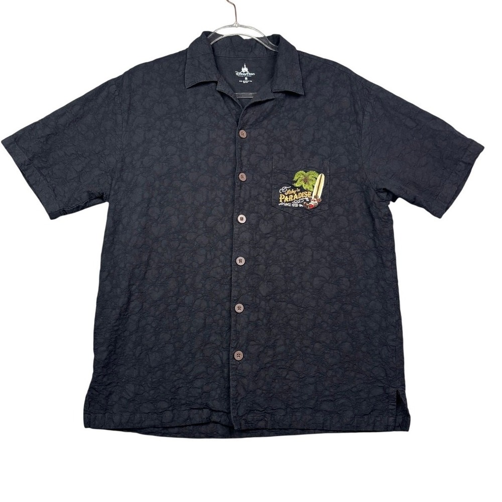 Disney Parks Mickey in Paradise Men Black Embroidered Camp Shirt Medium M